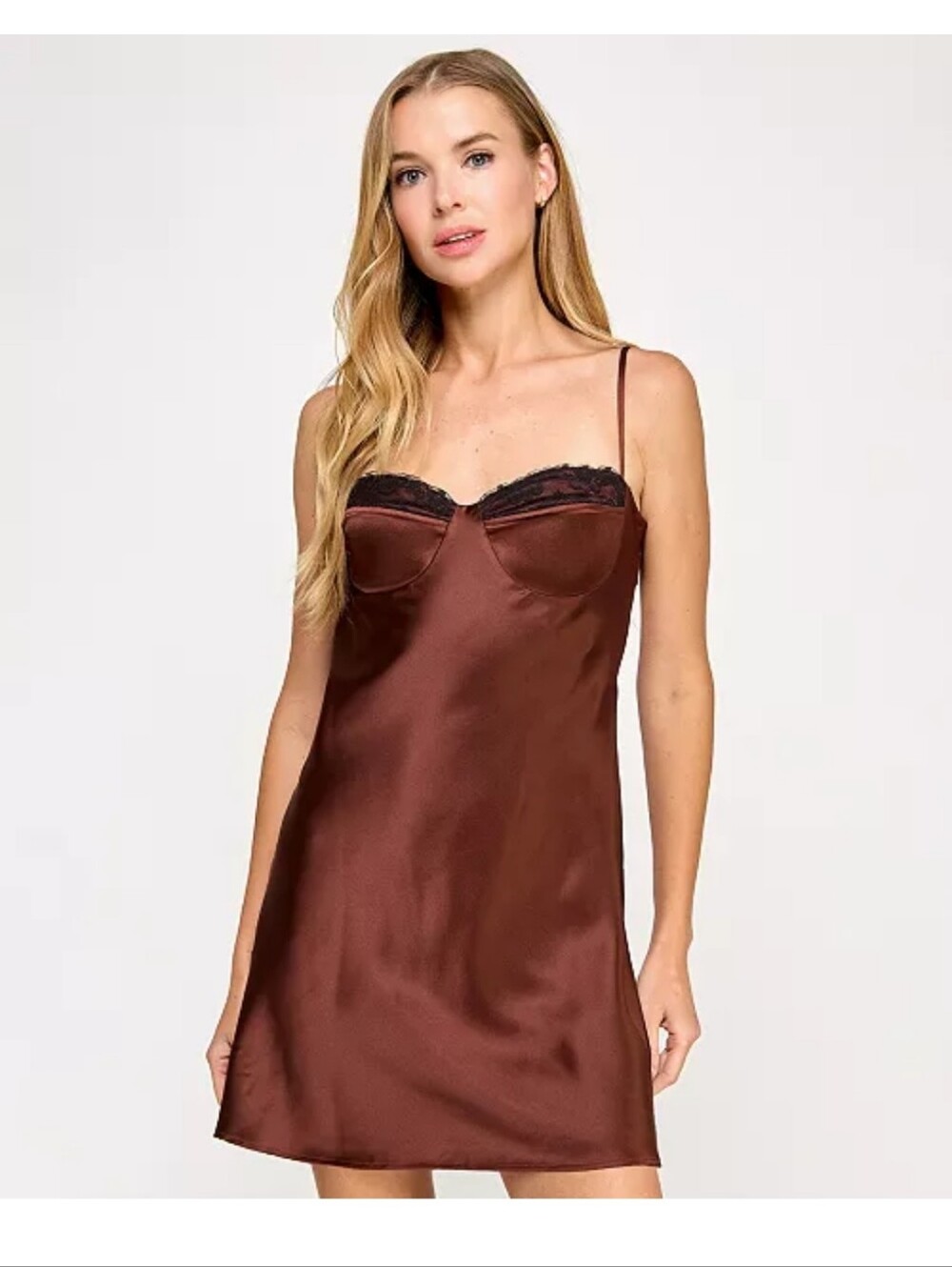 Seni & Cade Slip Dress Women XS Brown Satin Lace Trim Mini Night Out NWT Y2k - Picture 1 of 12